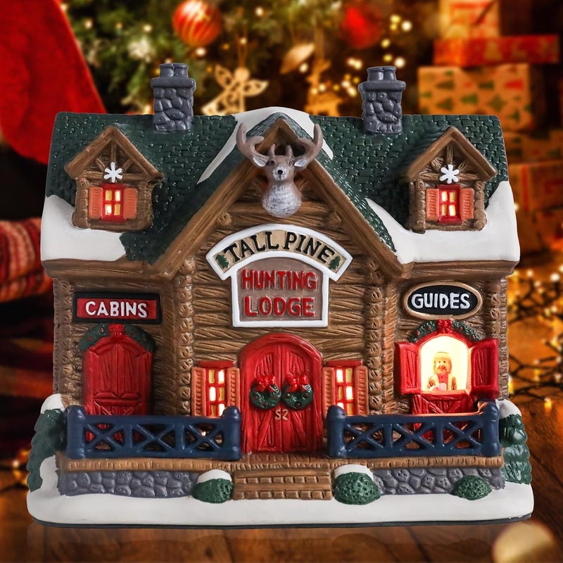 VCUTEKA Christmas Village House Lighted Indoor Decorations Hunting Lodge with LED Light Christmas Village Collectible Buildings Figurines Ceramic House Light up Figurine for Holiday Xmas Decor - Image 5